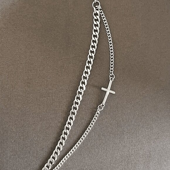 3/$35 Men's Silver Tone Curb Chain Bracelet Set with Cross Charm Two-Layer Cuban - Picture 5 of 7